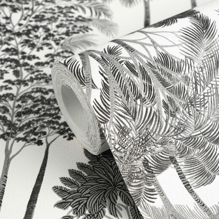 Non-woven wallpaper with decorative tropical landscape, slightly shiny | black and white - 3012111