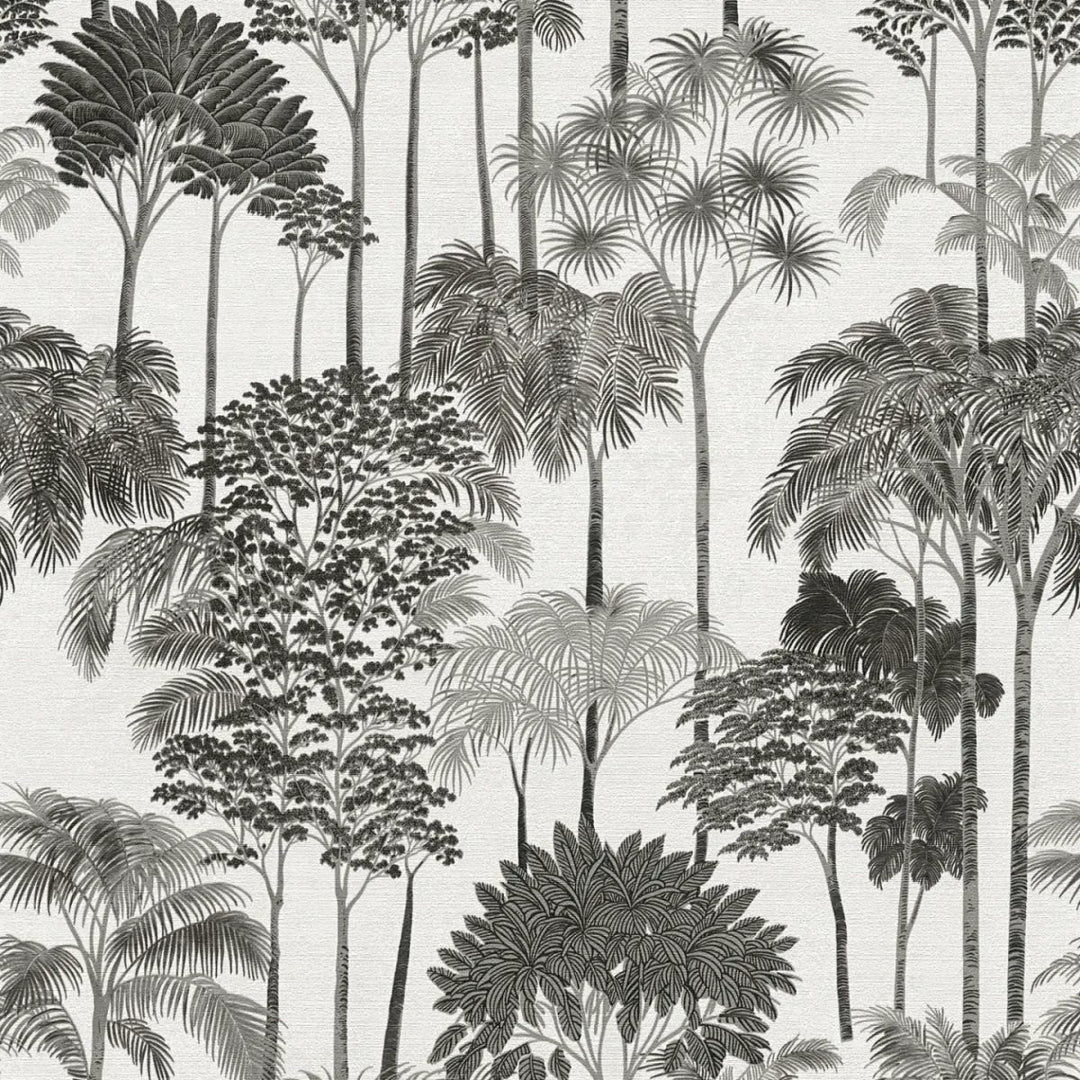 Non-woven wallpaper with decorative tropical landscape, slightly shiny | black and white - 3012111