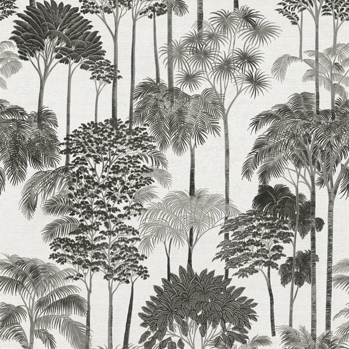 Non-woven wallpaper with decorative tropical landscape, slightly shiny | black and white - 3012111