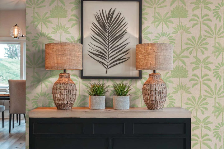 Wallpaper with an elegant palm motif and subtle texture | beige, green - 3012120