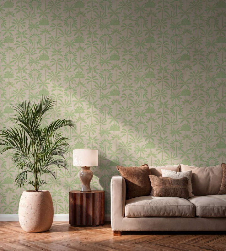 Wallpaper with an elegant palm motif and subtle texture | beige, green - 3012120