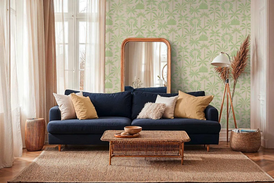 Wallpaper with an elegant palm motif and subtle texture | beige, green - 3012120