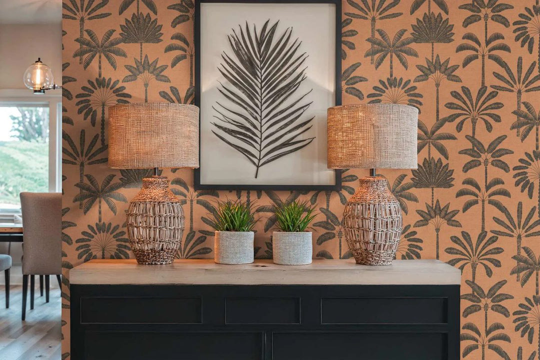Tapetes ar palmu motīvu, ar izteiksmīgām lapām, nedaudz spīdīgas | bēša, oranža - 3012121