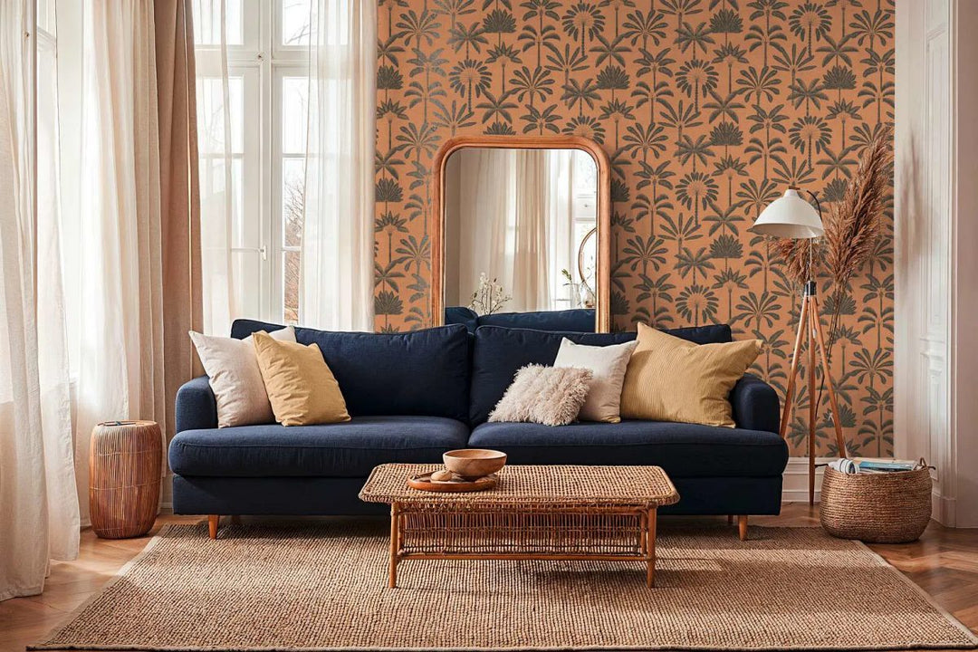 Tapetes ar palmu motīvu, ar izteiksmīgām lapām, nedaudz spīdīgas | bēša, oranža - 3012121