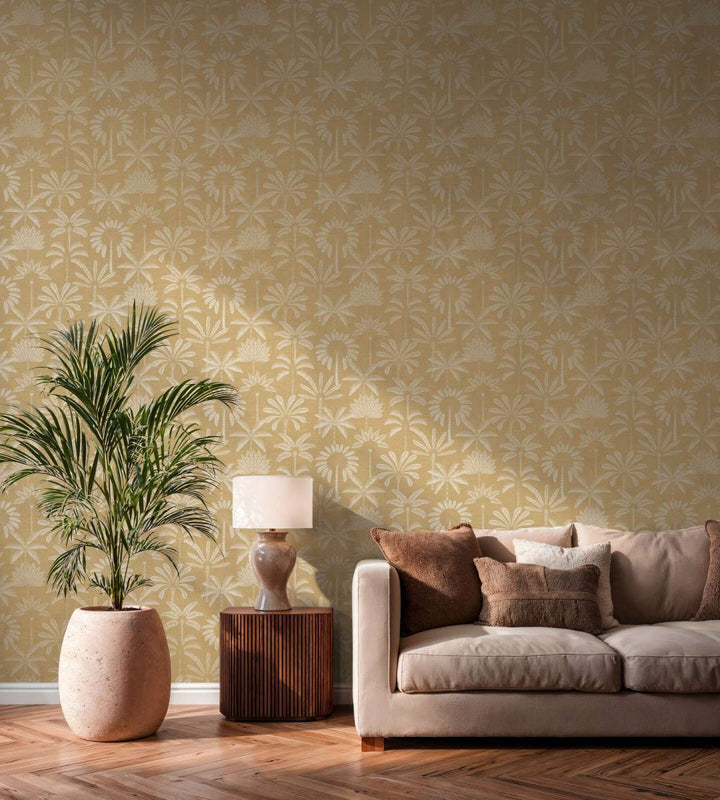 Wallpaper with nature motif and elegant, slightly shiny palm relief | beige - 3012122