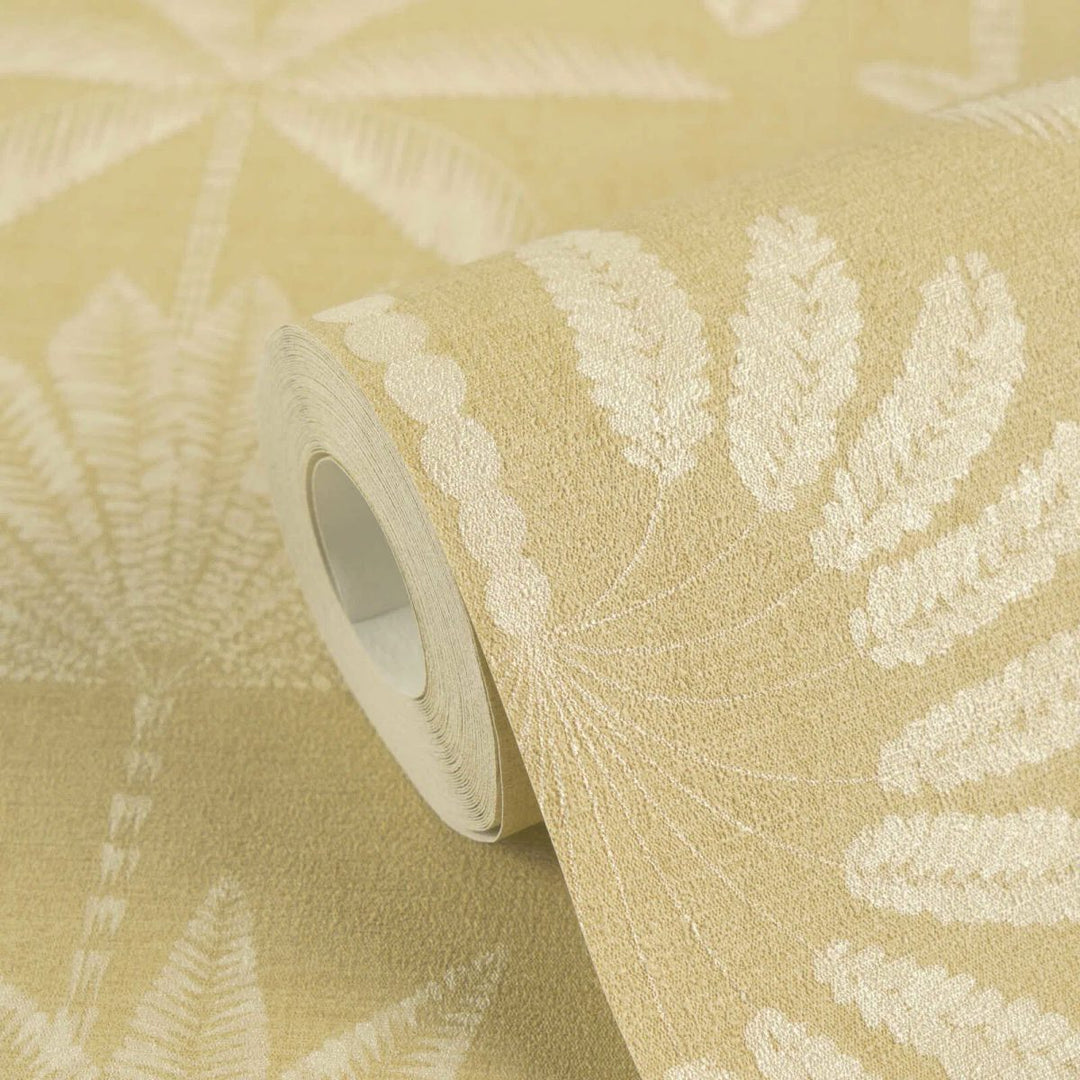 Wallpaper with nature motif and elegant, slightly shiny palm relief | beige - 3012122
