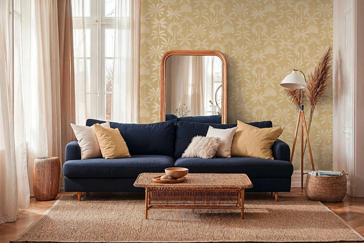 Wallpaper with nature motif and elegant, slightly shiny palm relief | beige - 3012122