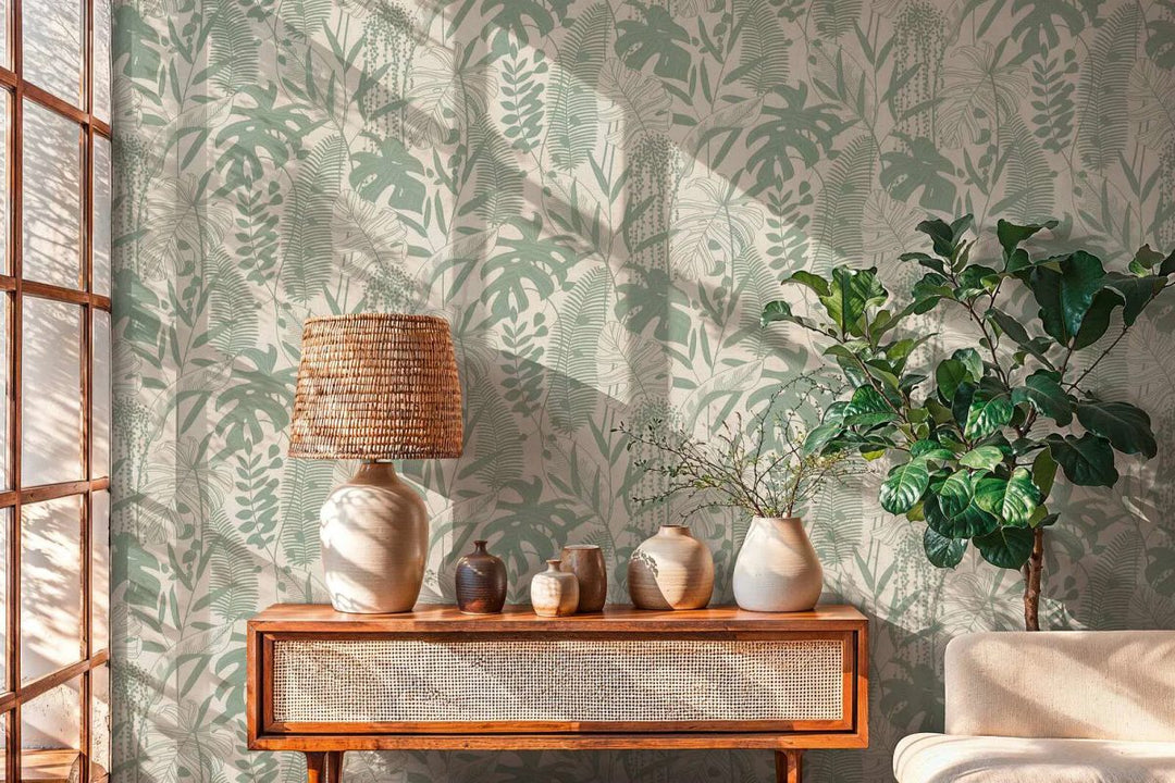 Tapetes ar dekoratīvu lapu motīvu un organiskām augu formām | zaļa, pelēka - 3012132