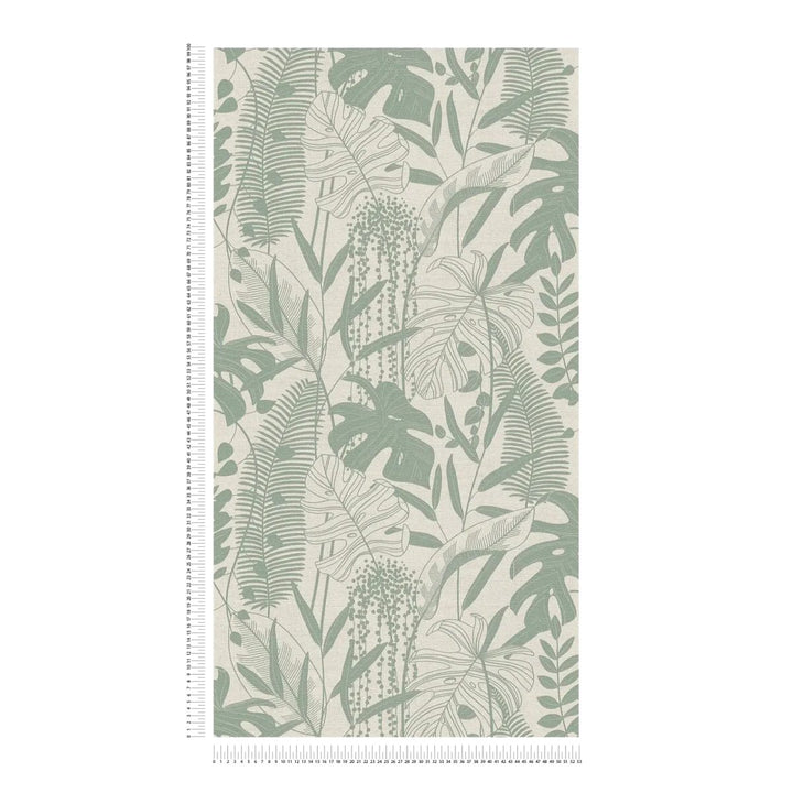 Tapetes ar dekoratīvu lapu motīvu un organiskām augu formām | zaļa, pelēka - 3012132