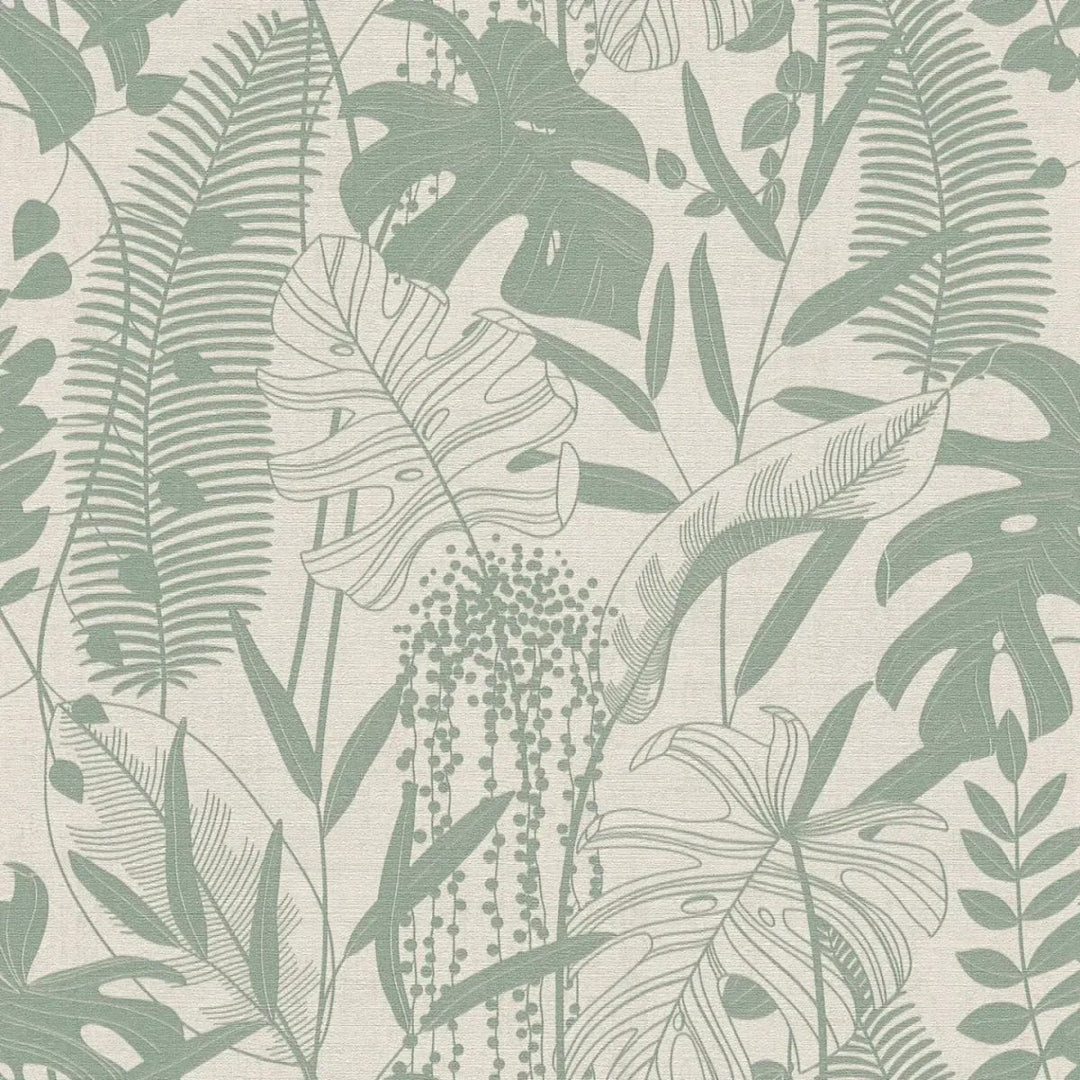 Tapetes ar dekoratīvu lapu motīvu un organiskām augu formām | zaļa, pelēka - 3012132