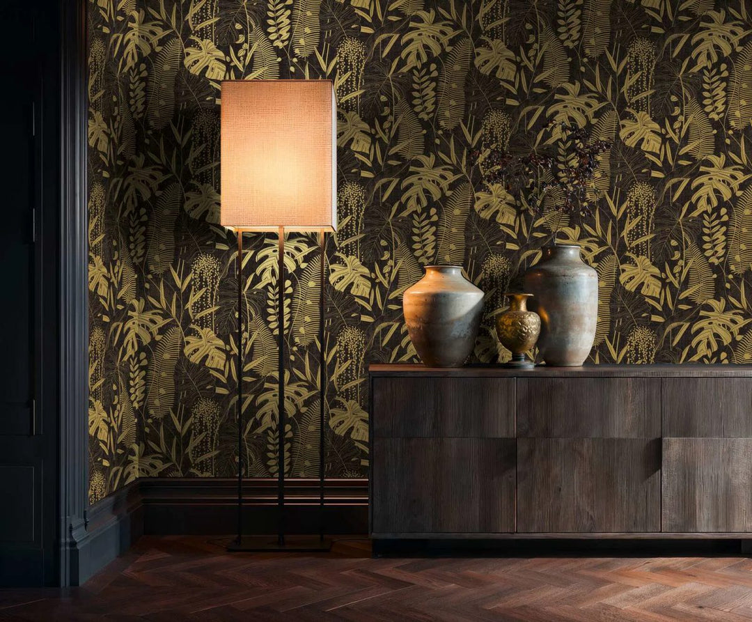 Wallpaper with beautifully depicted leaves | black, gold - 3012133