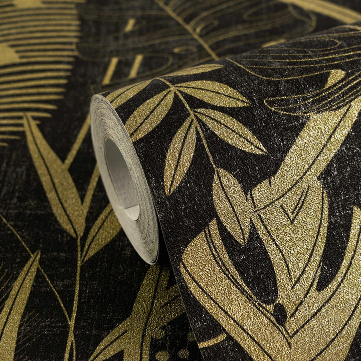 Wallpaper with beautifully depicted leaves | black, gold - 3012133
