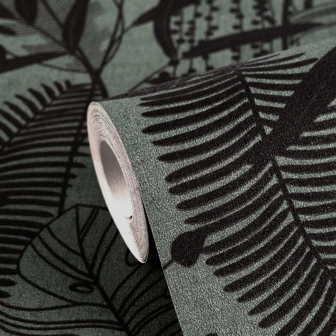 Tapetes ar krāšņu lapu dekoru un elegantu reljefu, nedaudz spīdīgas |tumši zaļa, melna - 3012134