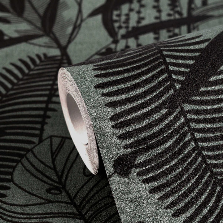 Tapetes ar krāšņu lapu dekoru un elegantu reljefu, nedaudz spīdīgas |tumši zaļa, melna - 3012134