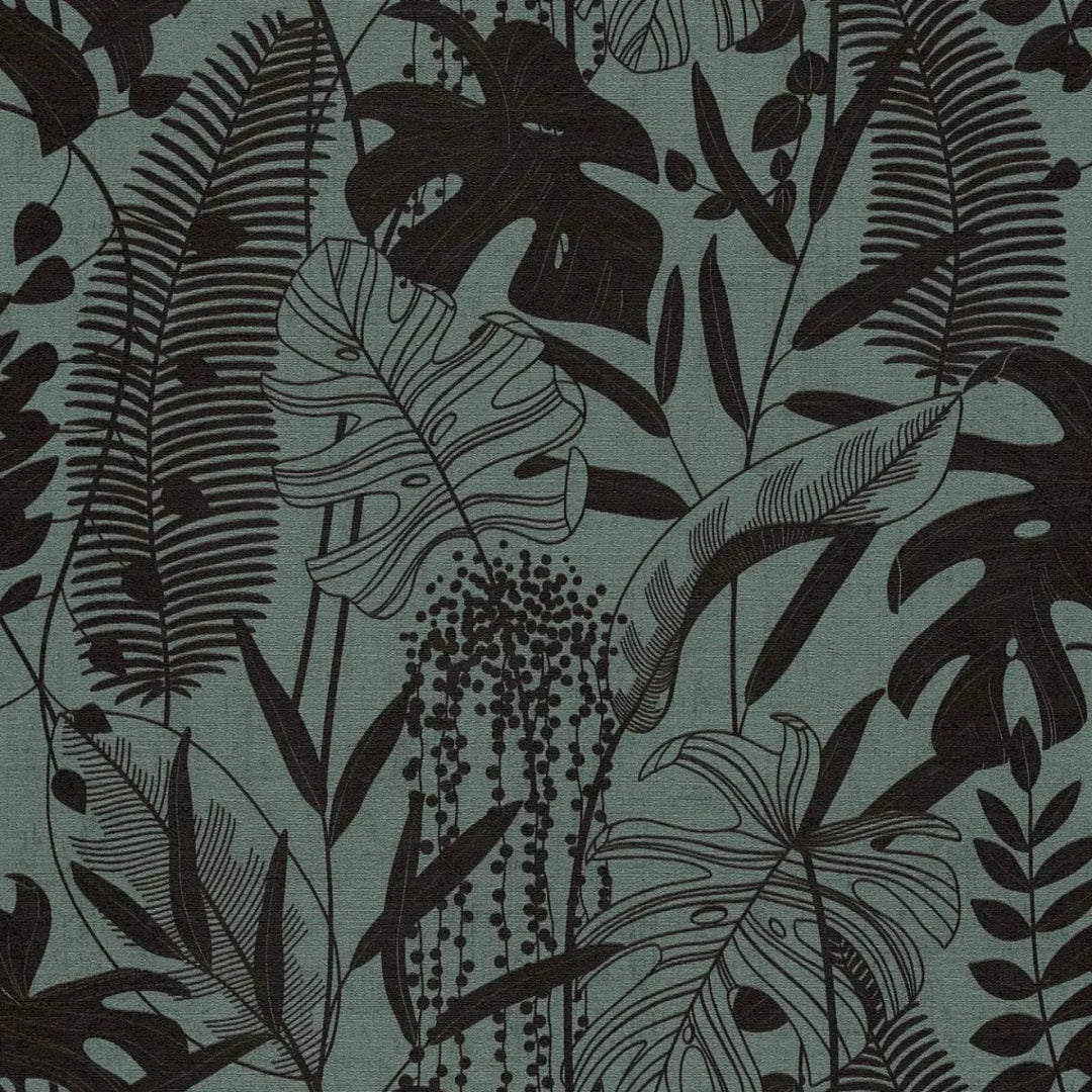 Tapetes ar krāšņu lapu dekoru un elegantu reljefu, nedaudz spīdīgas |tumši zaļa, melna - 3012134