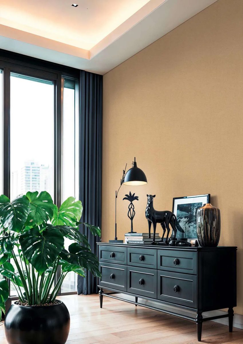 Harmonious, single-color wallpaper with a matte finish and fine texture | yellow-brown - 3012150