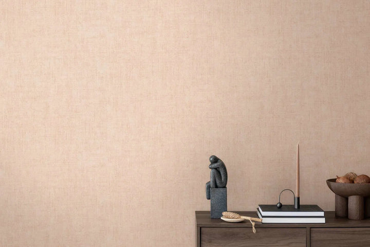 Plain non-woven wallpaper with natural linen texture | pink - 3007651