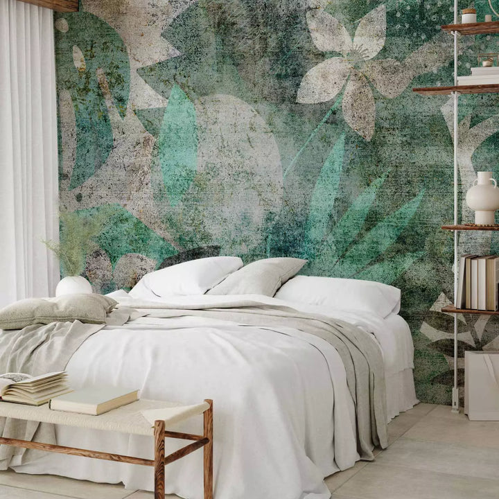 Fototapetai - žali lapai ir gėlės žalios spalvos vintažiniu stiliumi - 136092