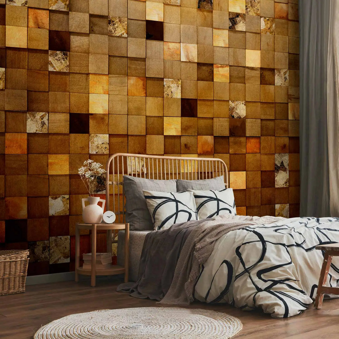 Wall Murals - Wooden and gold squares, 148780