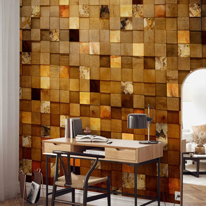 Wall Murals - Wooden and gold squares, 148780