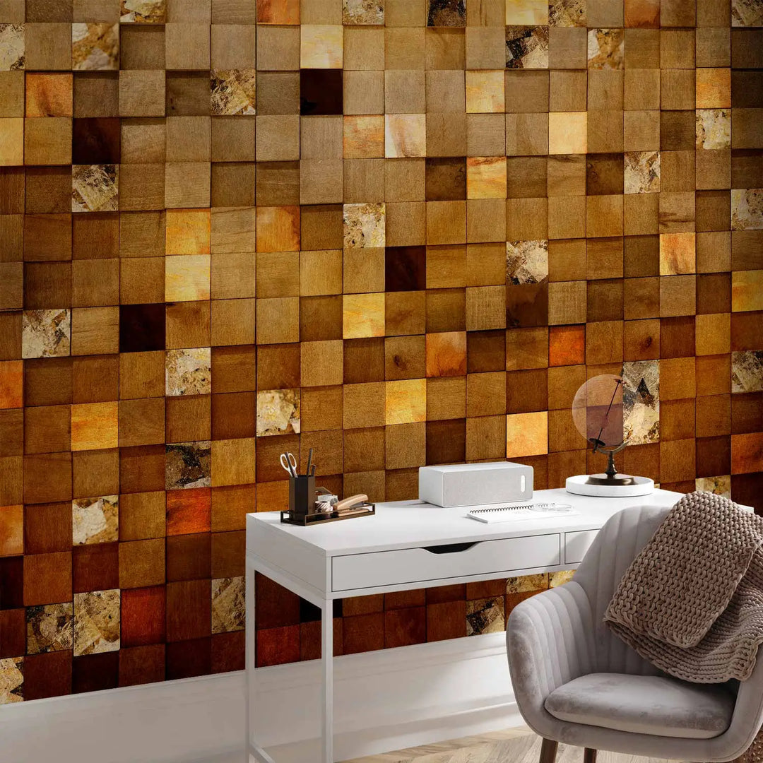Wall Murals - Wooden and gold squares, 148780