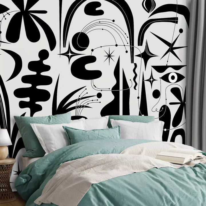 Fototapetai Abstrakti kompozicija – juoda, geometrinės ir gėlių formos, 149885