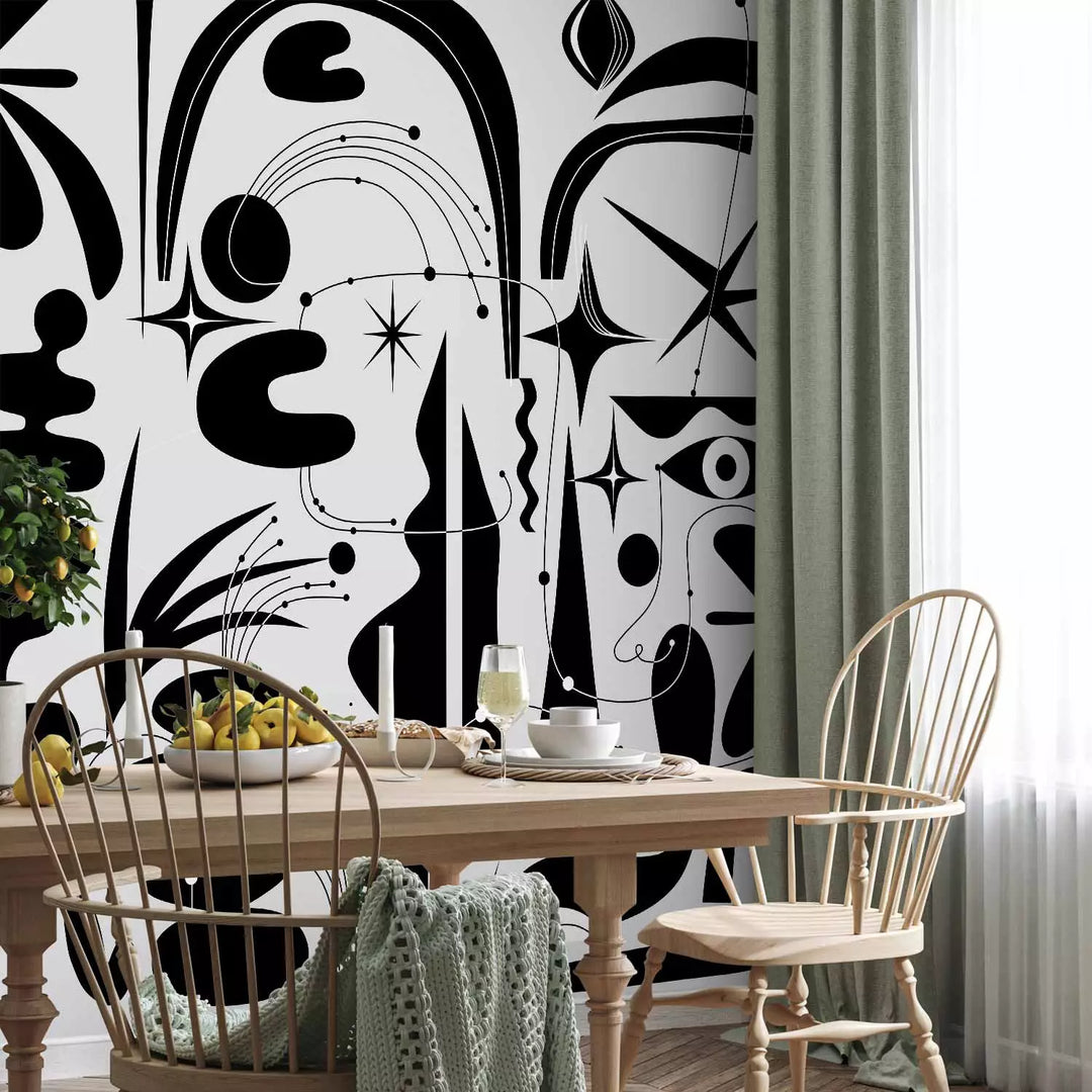 Fototapetai Abstrakti kompozicija – juoda, geometrinės ir gėlių formos, 149885