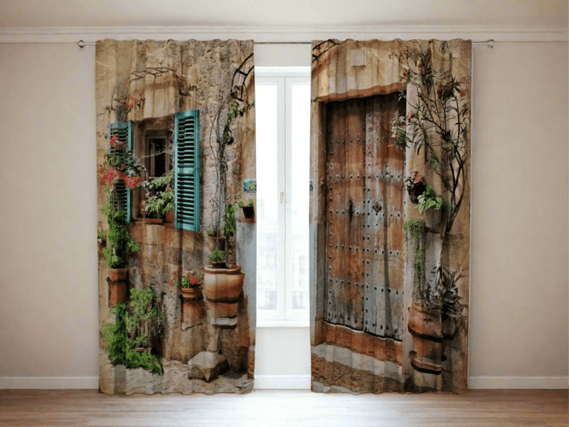 Day and night curtains in the living room in Italian style - Tuscan streets on Tasketenshop.lv