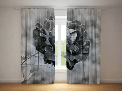 Curtains with abstract flowers - Black rose with water drops Tapetenshop.lv