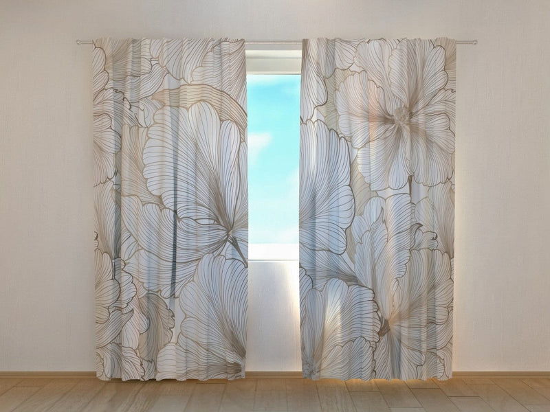 Curtains with abstract flowers - Fine beige flowers Tapetenshop.lv