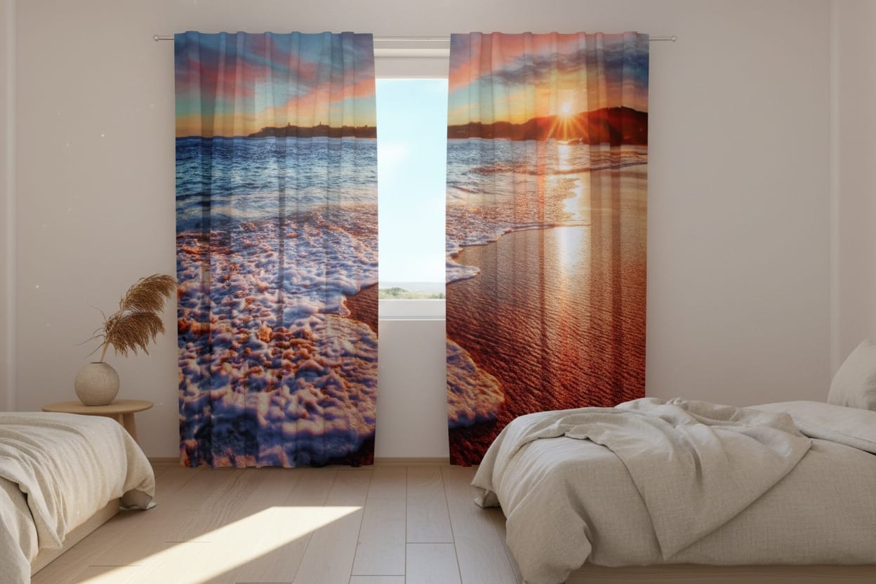 Gaišas guļamistabas interjers ar gaišām sienām un koka grīdu. Uz loga uzstādīti fotoaizkari, uz kuriem fotoreālistiski attēlota krāšņa un dinamiska jūras piekrastes ainava saulrietā.