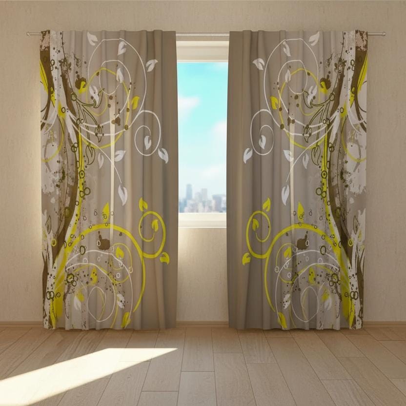 Dienas un nakts aizkari ar modernu rakstu – stilizētas lapas uz brūna fona Tapetenshop.lv