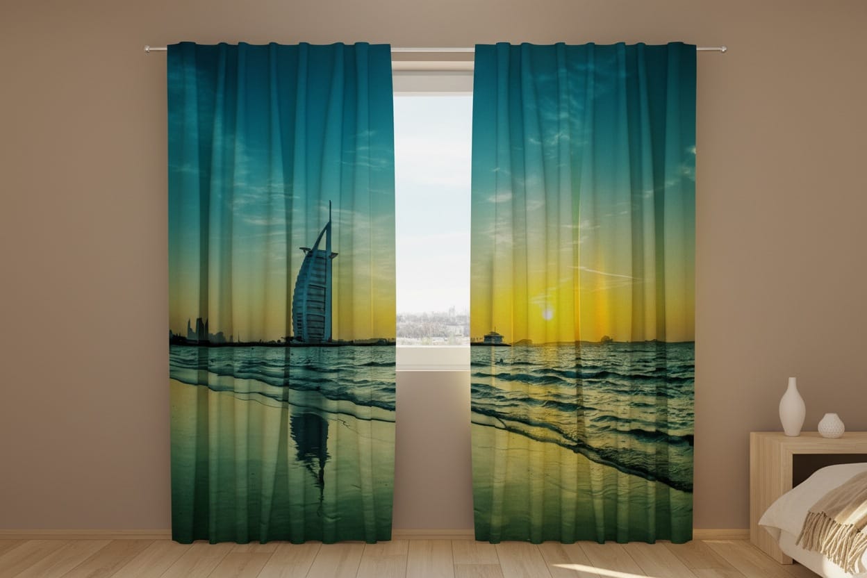 Gaišas guļamistabas interjers ar koka grīdu. Labajā pusē redzama gultas mala ar baltu gultas veļu un neliels koka naktsskapītis ar baltu vāzi. Uz loga uzstādīti fotoaizkari, uz kuriem fotoreālistiski attēlota Dubaijas piekrastes ainava krāšņā saulrietā. Kreisajā aizkaru panelī dominē ikoniskās buras formas viesnīcas (Burj Al Arab) siluets, kas atspoguļojas slapjajās pludmales smiltīs un viļņos