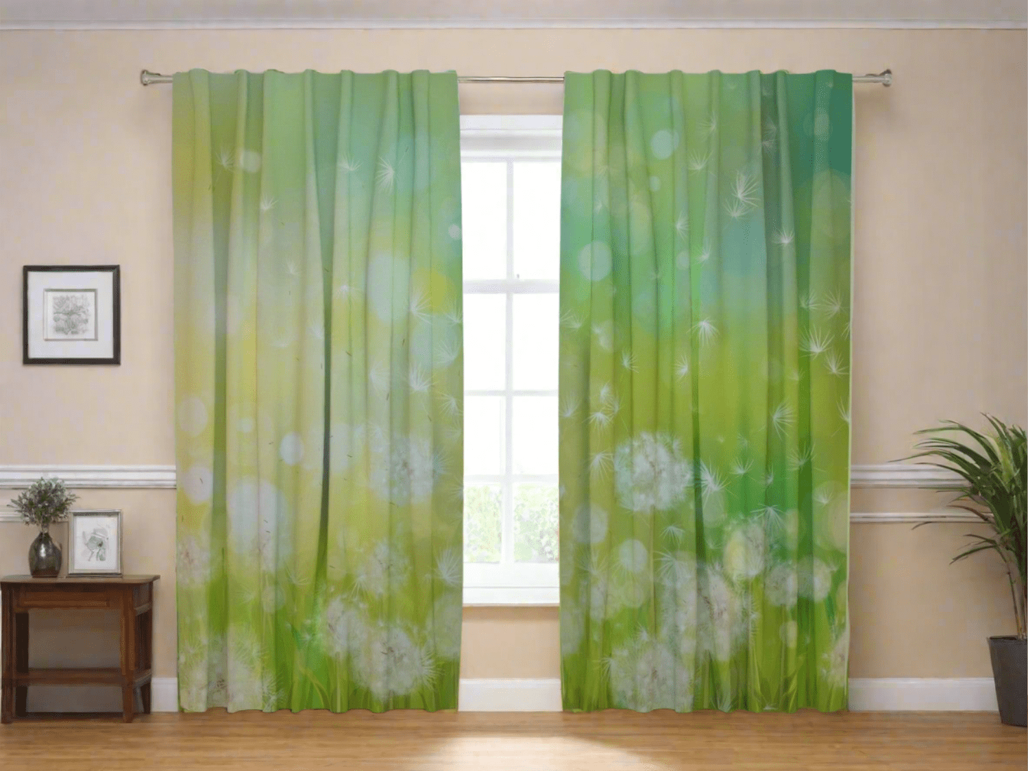 Vasaras aizkari ar pļavas ziediem - Baltas pienenes zaļā zālē Tapetenshop.lv