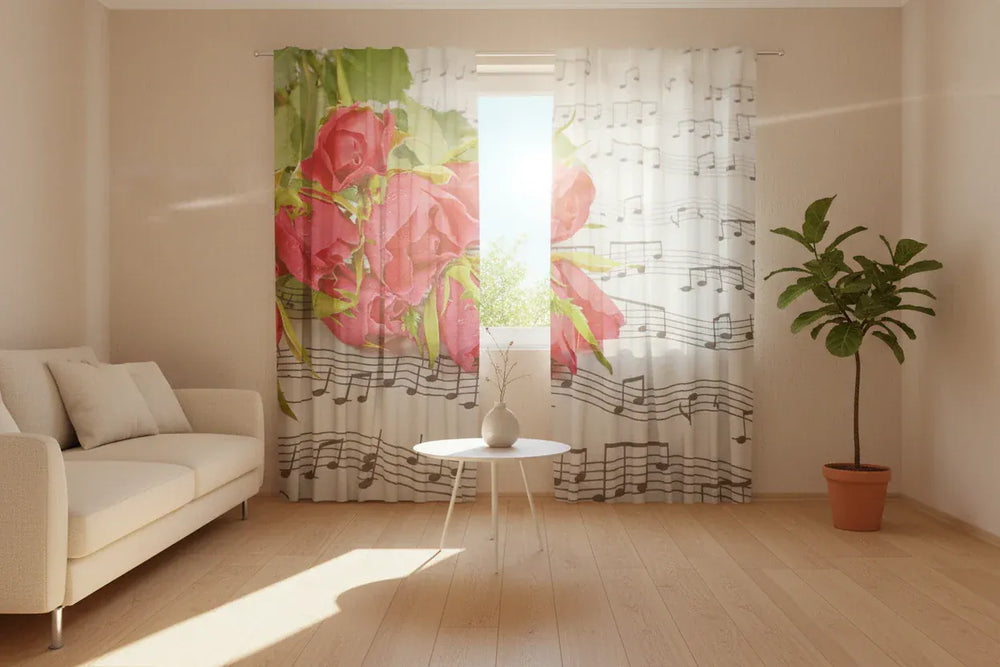Aizkari ar rozēm romantiskai atmosfērai interjerā  - Mūzika un rozes  Tapetenshop.lv