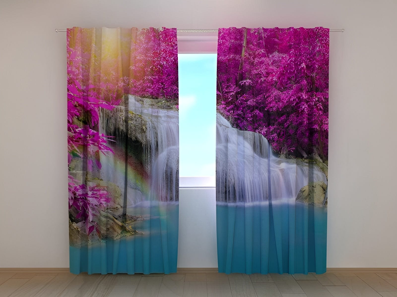 Aizkari ar ūdenskritumu un košu ainavu - Brīnišķīgs mežs - pirkt Tapetenshop.lv