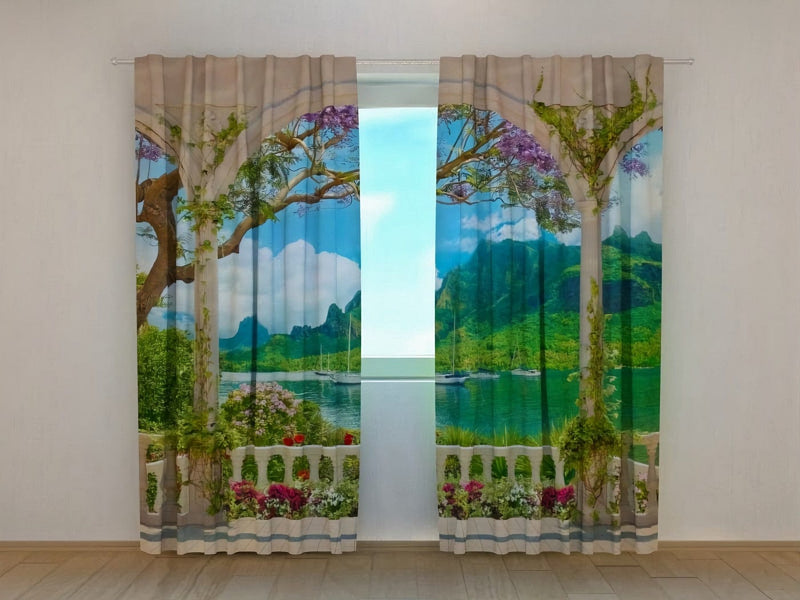 Day and Night Curtains with Mediterranean Landscape - Terrace Overlooking Sea Tapetenshop.lv