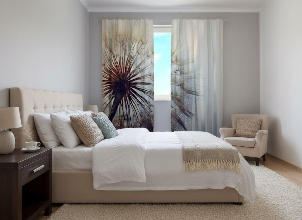 Aizkari viesistabai ar ziediem - Apburošas pienenes - pēc sava izmēra Tapetenshop.lv