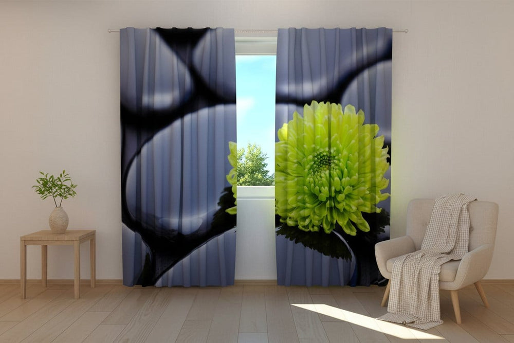 Gaišas viesistabas interjers ar fotoaizkariem. Uz tiem fotoreālistiski attēlota Zen kompozīcija: lieli, gludi, tumši pelēki akmeņi, uz kuriem atrodas spilgti zaļš, liels zieds. 