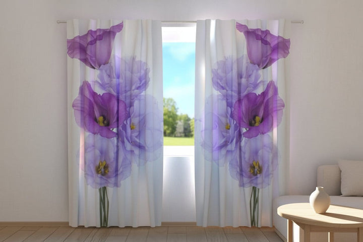 Aizkari ar ziediem - Mūza - violeti ziedi uz balta fona Tapetenshop.lv