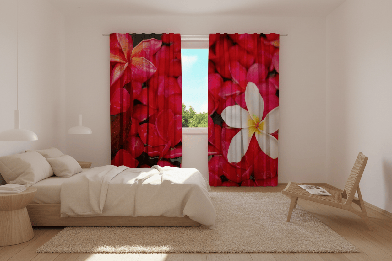 An airy bedroom interior with light-colored walls and a wooden floor. Expressive photo curtains are hung on the window, their background featuring a dense pattern of fiery red and pink petals. The right curtain panel features a photorealistic depiction of a large, contrasting white plumeria flower with a yellow center, while the left panel shows a large orange-pink flower. In the center, an open window offers a view of green trees.