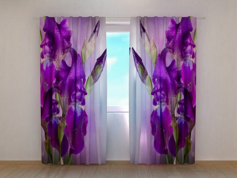 Day and night curtains with flowers in purple tones - Violet iris Tapetenshop.lv