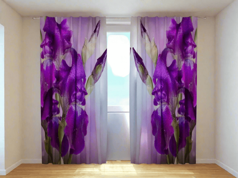 Day and night curtains with flowers in purple tones - Violet iris Tapetenshop.lv