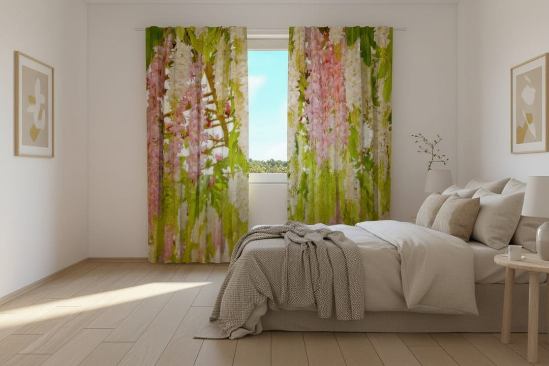 Gaišas guļamistabas interjers ar koka grīdu un lielu gultu gaišos toņos. Uz loga uzstādīti fotoaizkari, uz kuriem fotoreālistiski attēlots pavasarīgs dārza motīvs – bagātīgi, nokareni ķekari ar maigi rozā un baltiem ziediem (līdzīgi visterijām) un svaigi zaļām lapotnēm. 