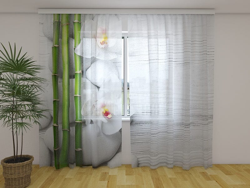 Curtains with floral motifs, white orchid and bamboo on light background Digital Textile