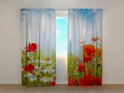 Curtains with floral motifs - Red poppies and blue sky Tapetenshop.lv