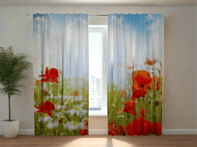 Curtains with floral motifs - Red poppies and blue sky Tapetenshop.lv