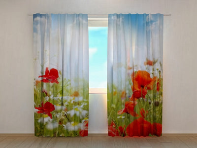 Day and night curtains with nature - red poppies and blue sky on Tapetenshop.lv