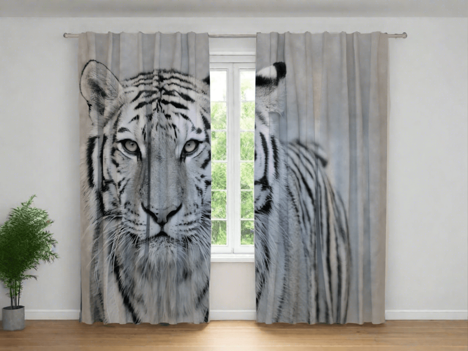 Dienas un nakts aizkari ar apdruku - Baltais tīģeris Tapetenshop.lv