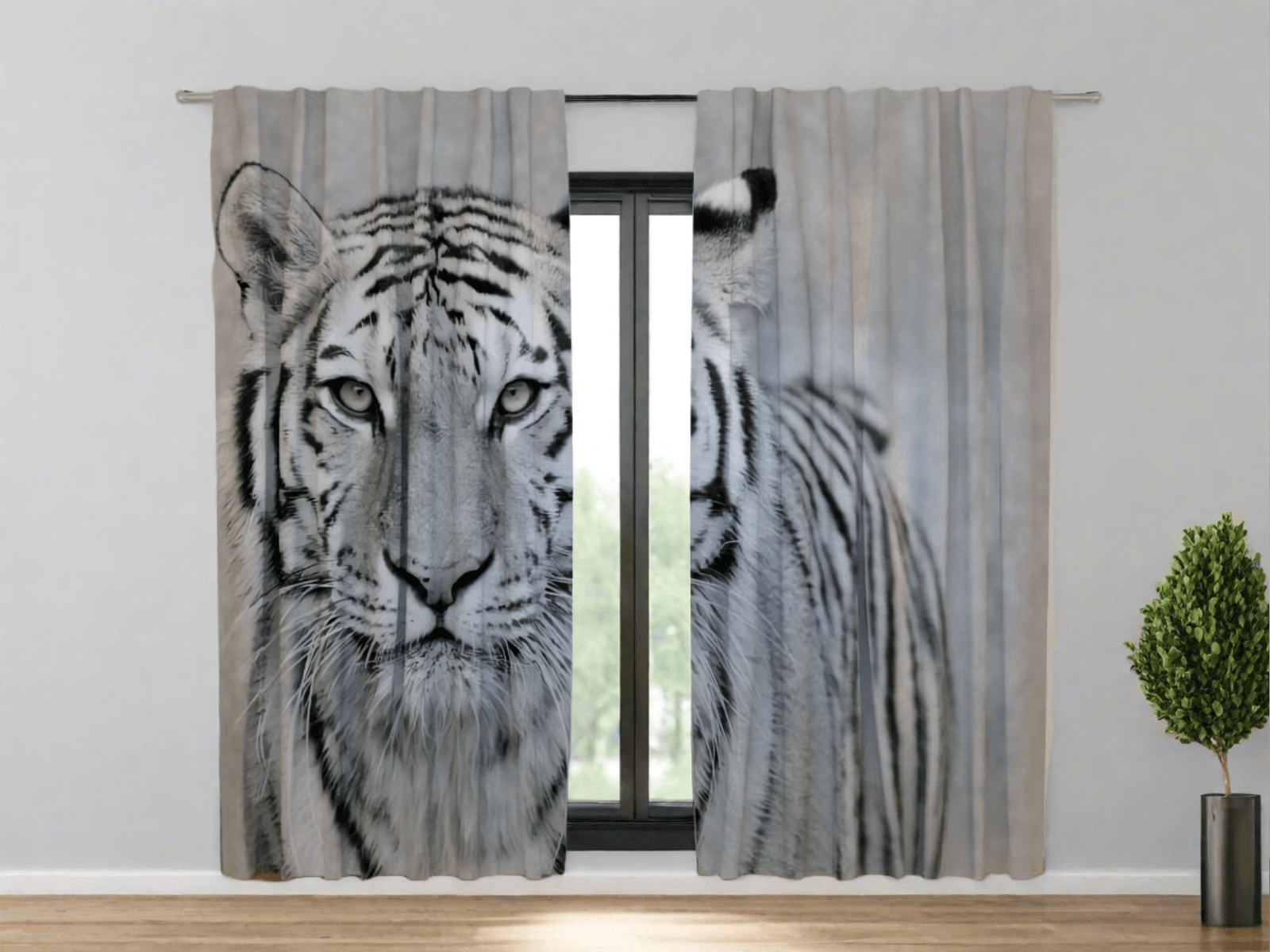 Dienas un nakts aizkari ar apdruku - Baltais tīģeris Tapetenshop.lv